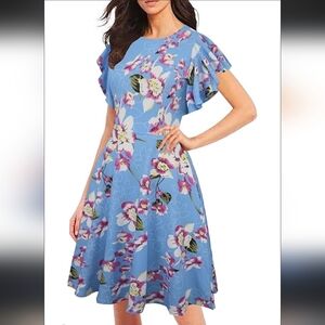 OXIULY FASHION | Women's Blue Floral Short Flare Sleeved Midi Dress